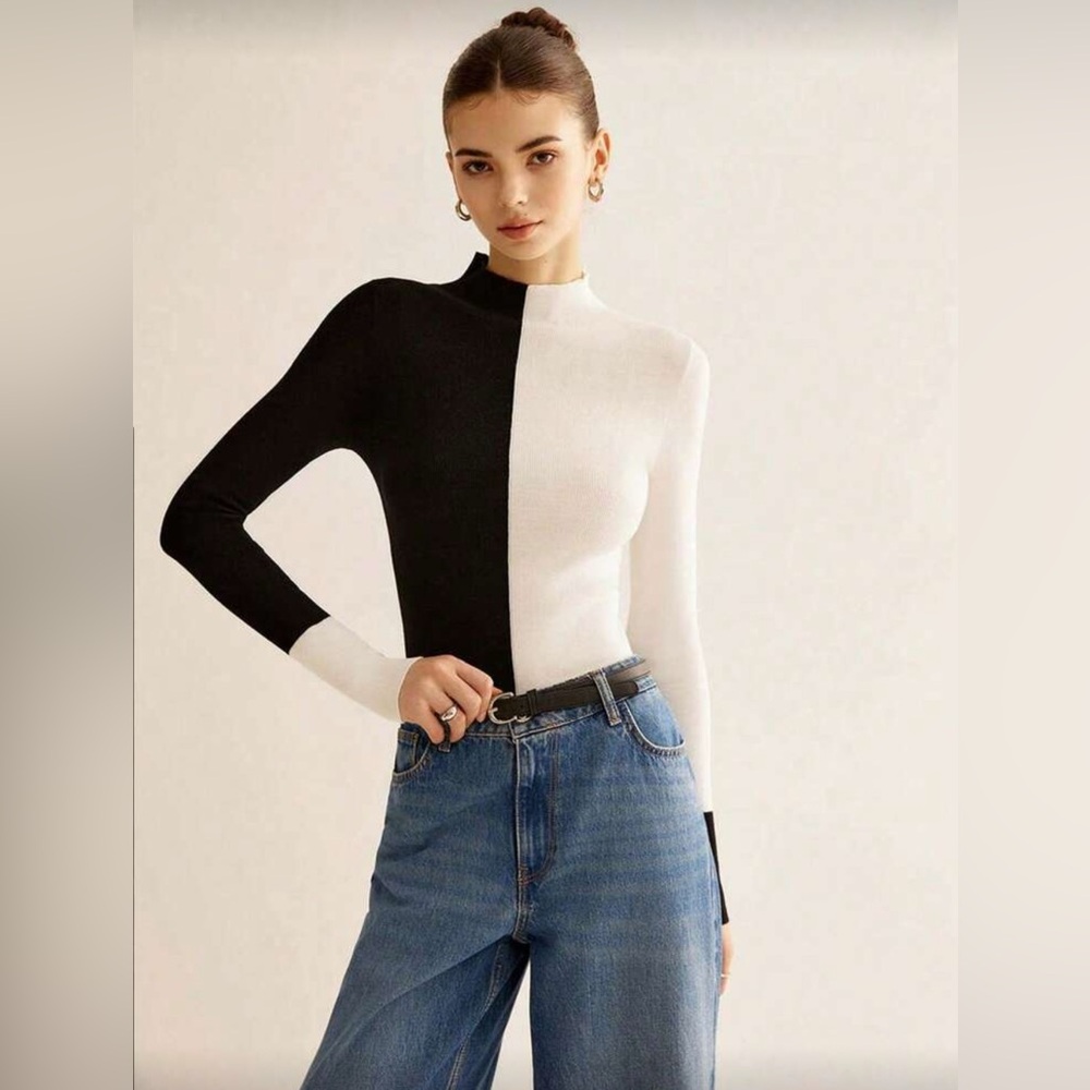 NEW Black and Cream/White Color Block Long Sleeve Top Size L (US 8/10) - Picture 4 of 7